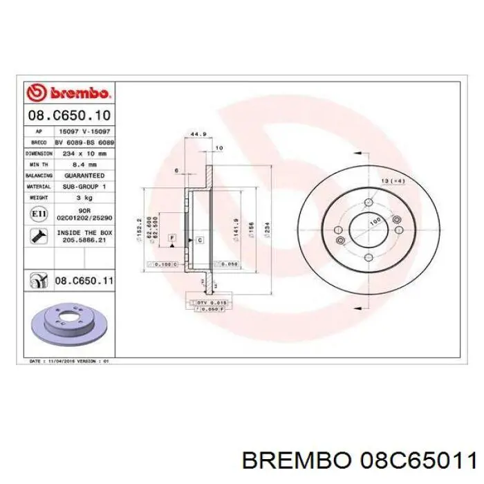 Disco de freno trasero 08C65011 Brembo