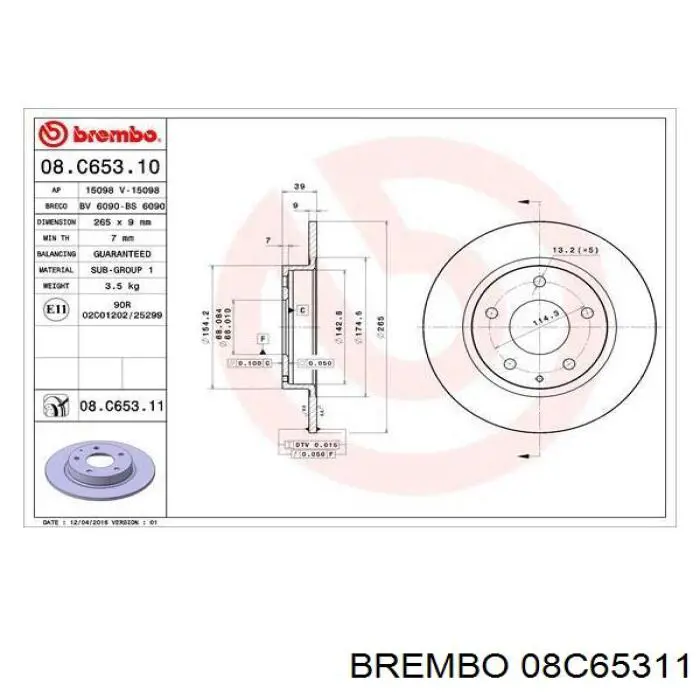 Disco de freno trasero 08C65311 Brembo