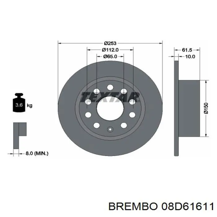 Disco de freno trasero 08D61611 Brembo