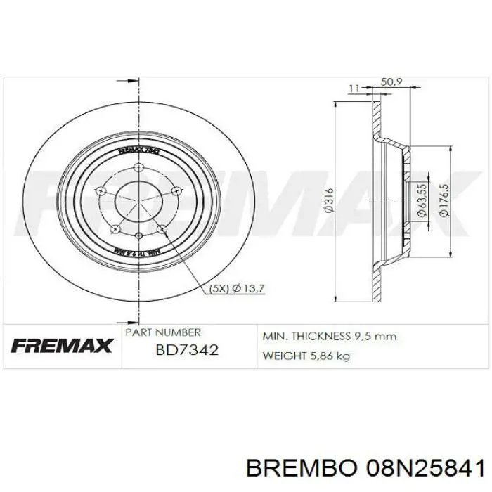 Задний тормозной диск Brembo 08N25841 цена, от 66.41 USD
