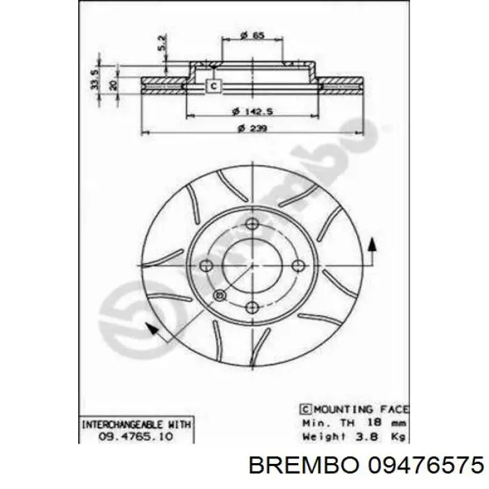 Купить 09476575 Brembo Ротор тормозной