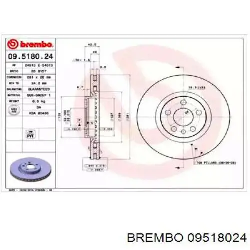 Передние тормозные диски 09518024 Brembo