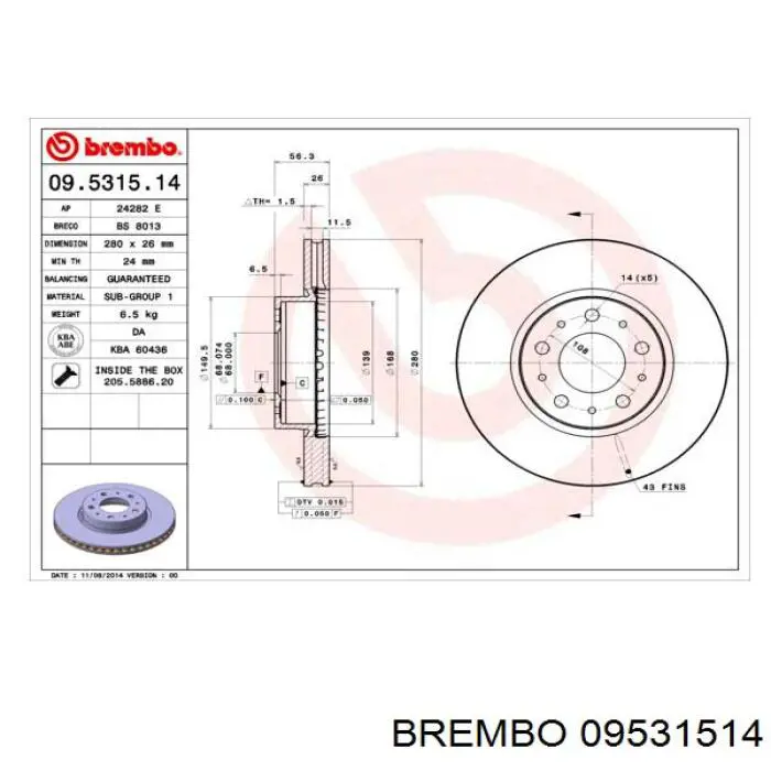 Купить 09531514 Brembo Ротор тормозной