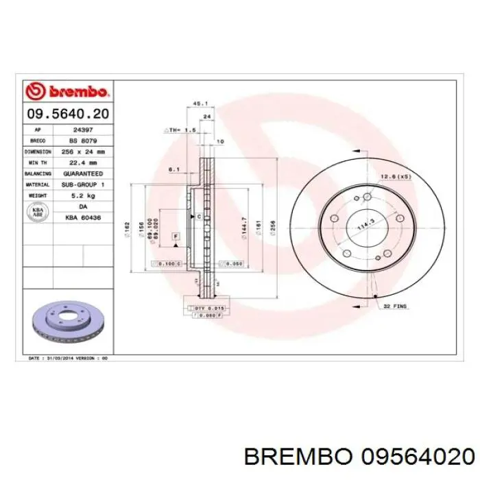 Передние тормозные диски 09564020 Brembo