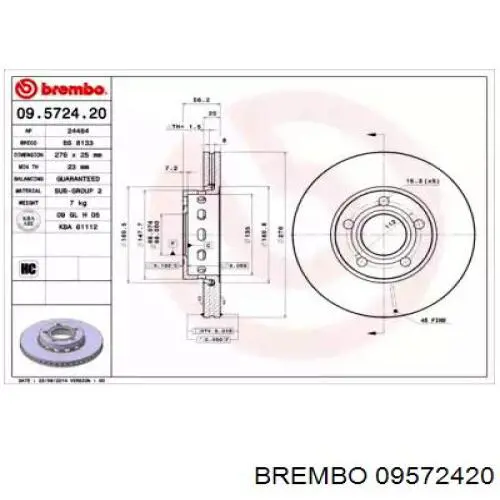 Передние тормозные диски 09572420 Brembo