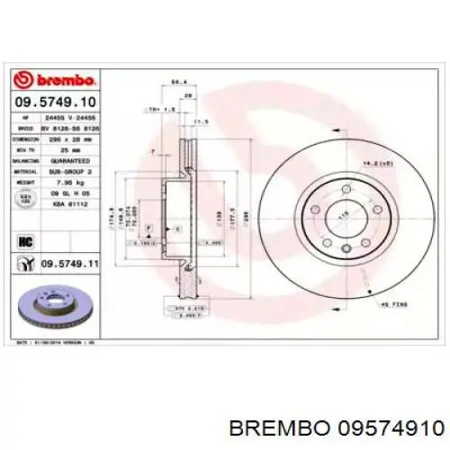 Передние тормозные диски 09574910 Brembo