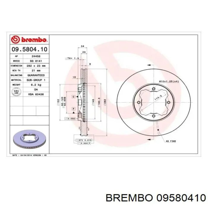 Freno de disco delantero 09580410 Brembo