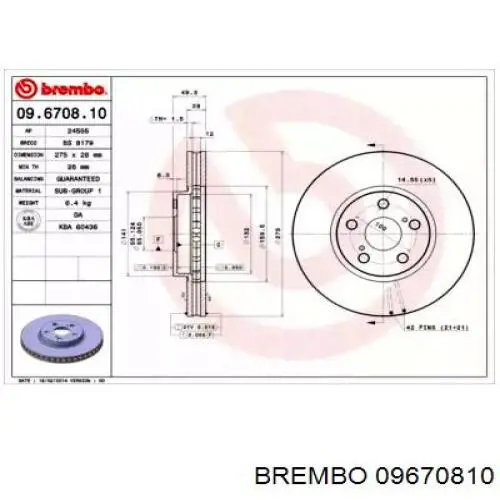 09.6708.10 Brembo диск тормозной передний