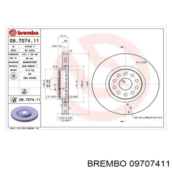 Передний тормозной диск Brembo 09707411