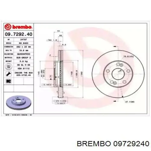 Передние тормозные диски 09729240 Brembo