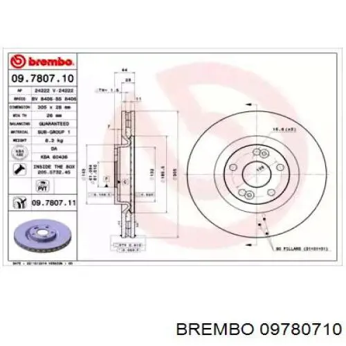 Передние тормозные диски 09780710 Brembo