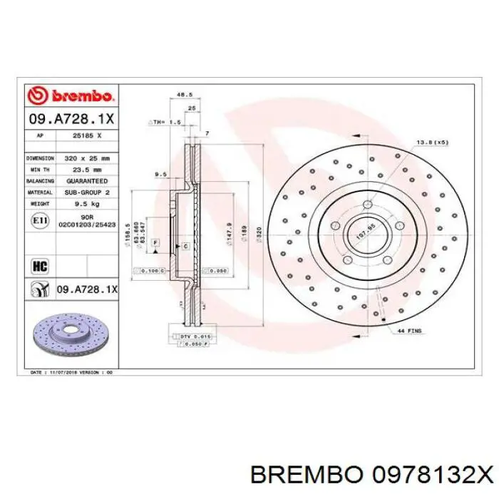 Disco de freno trasero 0978132X Brembo