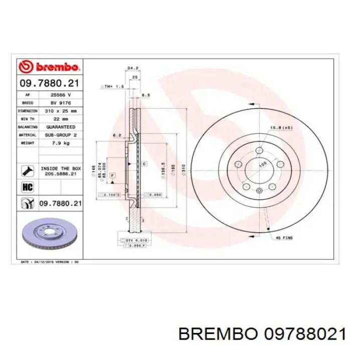 Купить 09788021 Brembo Ротор тормозной
