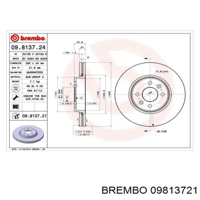 09.8137.21 Brembo диск тормозной передний