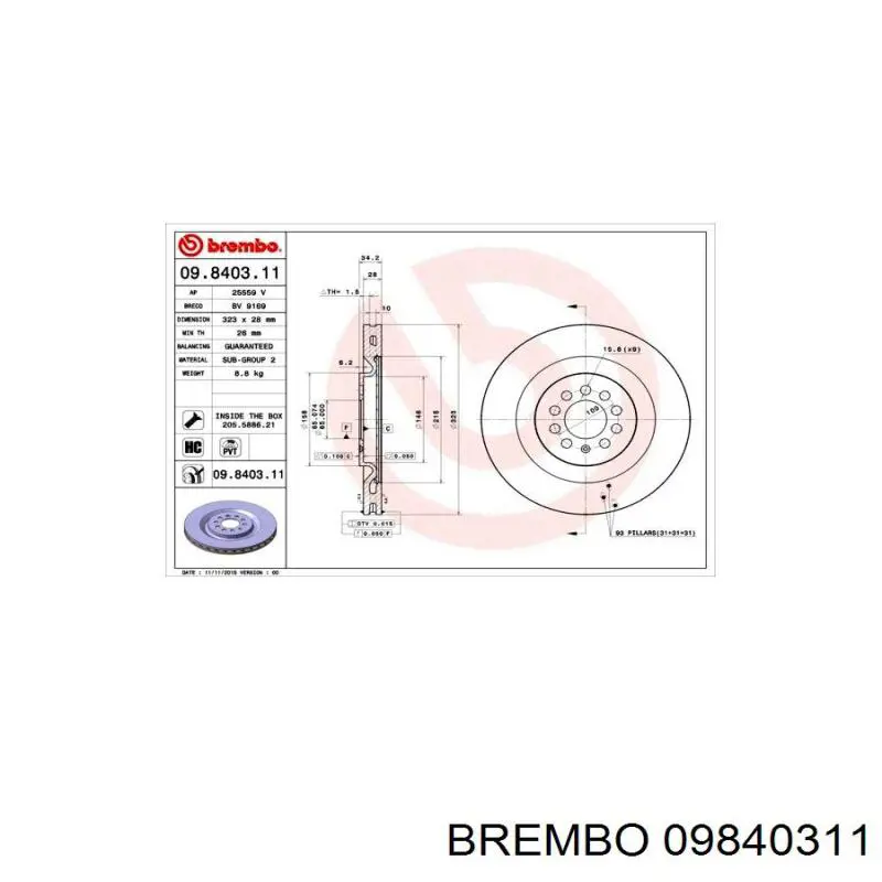 Передние тормозные диски 09840311 Brembo