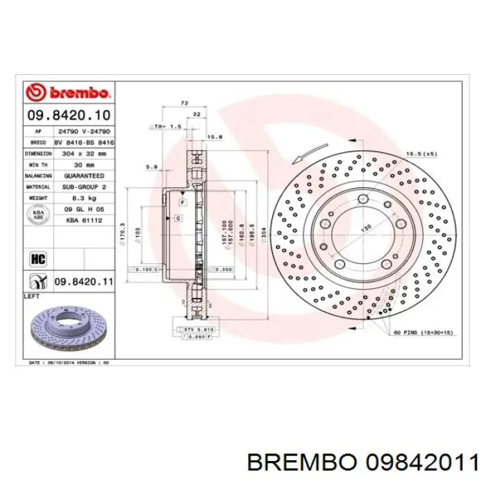 Передний тормозной диск Brembo 09842011