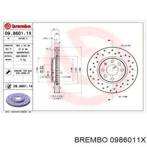 Передние тормозные диски 0986011X Brembo