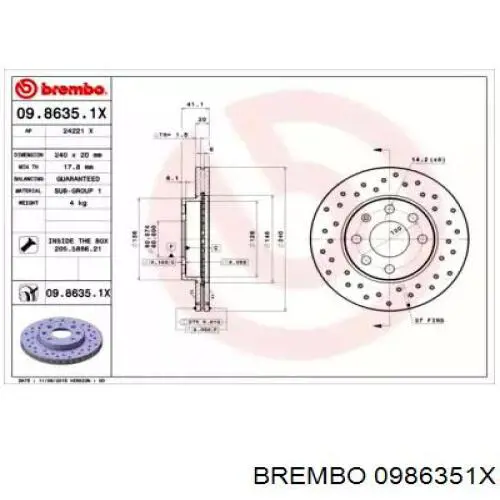 Передние тормозные диски 0986351X Brembo