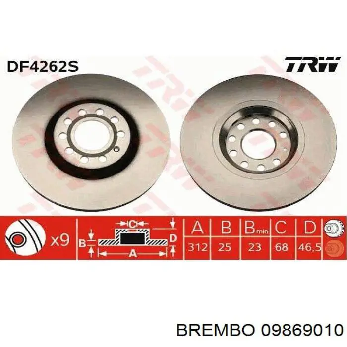 Передний тормозной диск Brembo 09869010