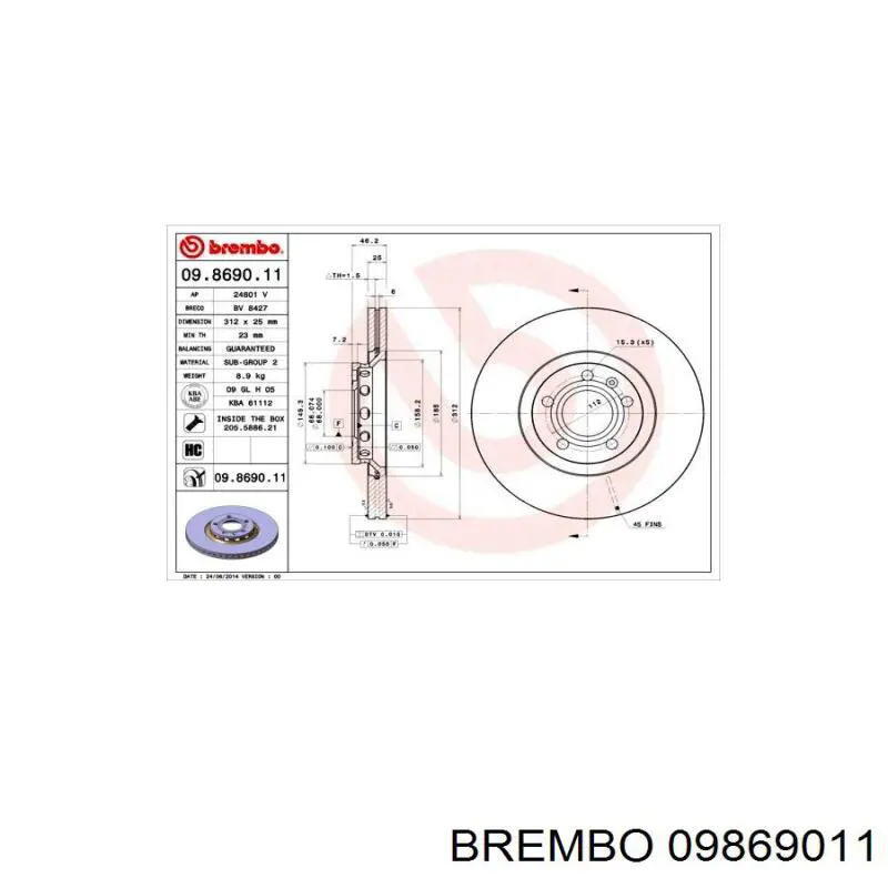 Передние тормозные диски 09869011 Brembo