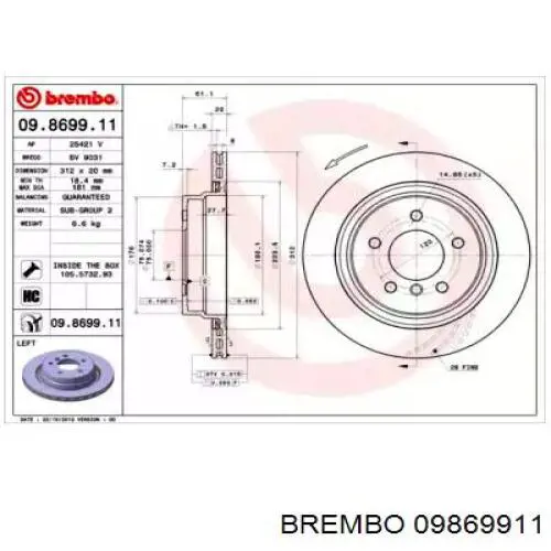 Тормозные диски 09869911 Brembo