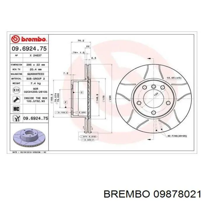 Тормоз дисковый передний Brembo 09878021 цена, от 107.18 USD
