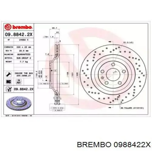 Тормозные диски 0988422X Brembo