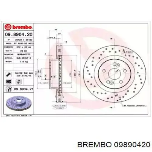 Передние тормозные диски 09890420 Brembo