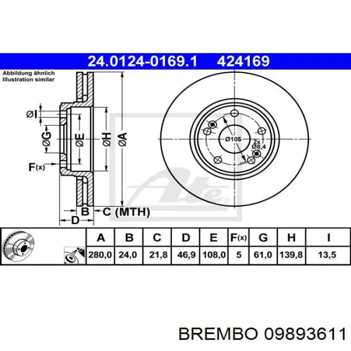 Передние тормозные диски 09893611 Brembo