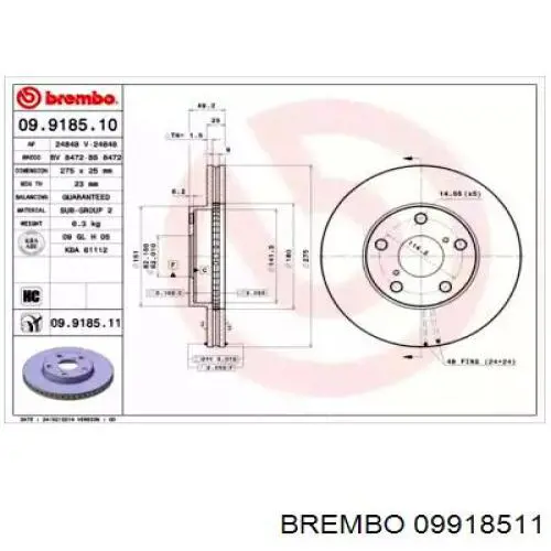 Передние тормозные диски 09918511 Brembo