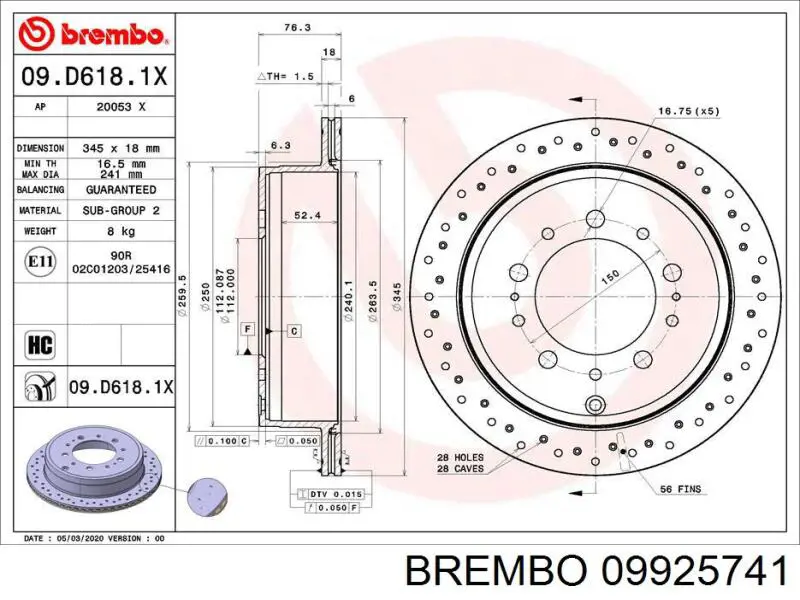 Купить 09925741 Brembo Диск тормозной задний