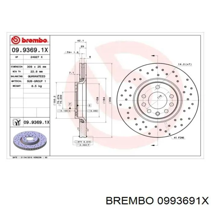 Передние тормозные диски 0993691X Brembo