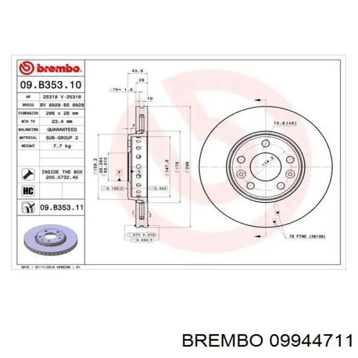 09944711 Brembo Диск тормозной передний