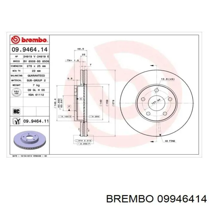 09946414 Brembo диск тормозной передний