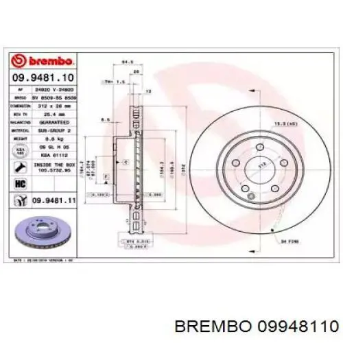09948110 Brembo диск тормозной передний