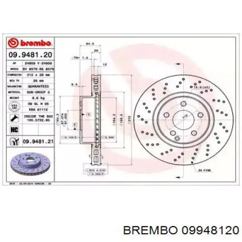 Передние тормозные диски 09948120 Brembo