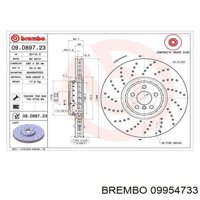 Передние тормозные диски 09954733 Brembo