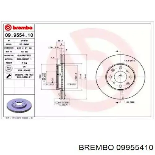 Передние тормозные диски 09955410 Brembo