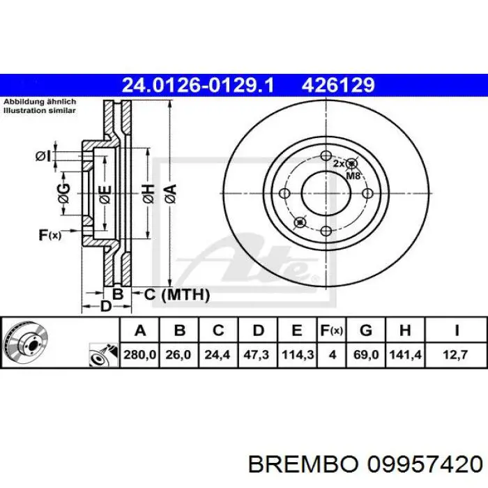 Передний тормозной диск Brembo 09957420