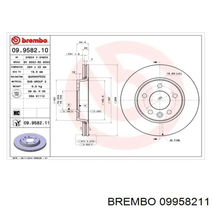 Задний тормозной диск Brembo 09958211 цена, от 42.56 USD