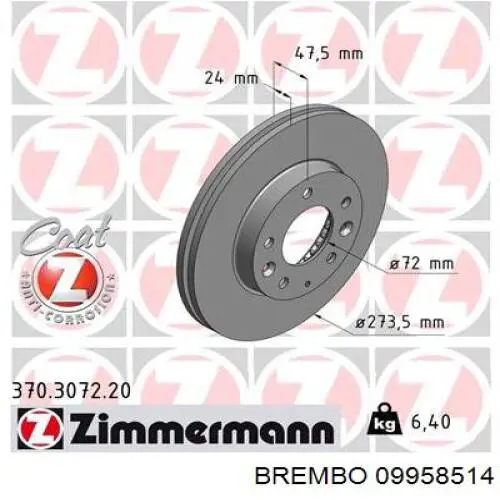 Передние тормозные диски 09958514 Brembo