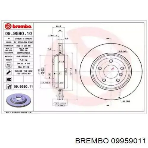 Disco de freno trasero 09959011 Brembo