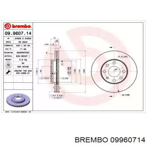 09.9607.14 Brembo диск тормозной передний
