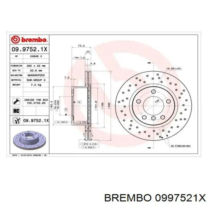 Передние тормозные диски 0997521X Brembo