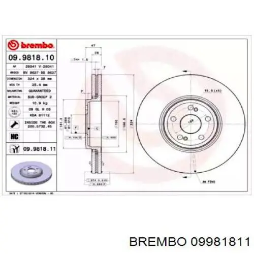 Тормоз дисковый передний Brembo 09981811 цена, от 85.48 USD