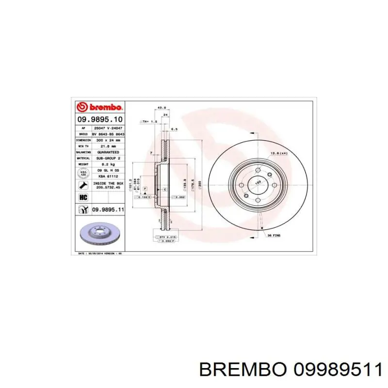 Передние тормозные диски 09989511 Brembo