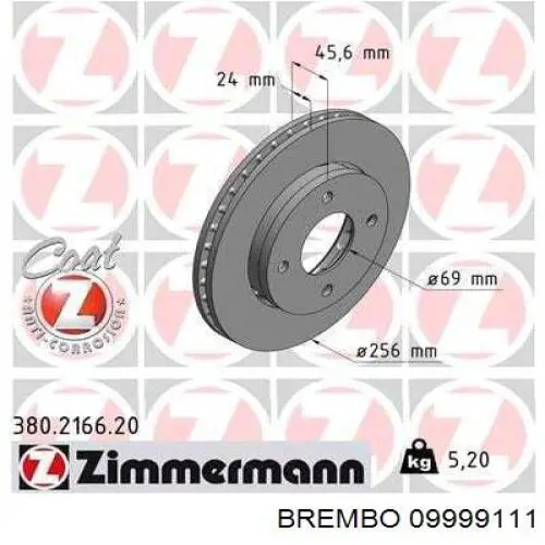 Передние тормозные диски 09999111 Brembo