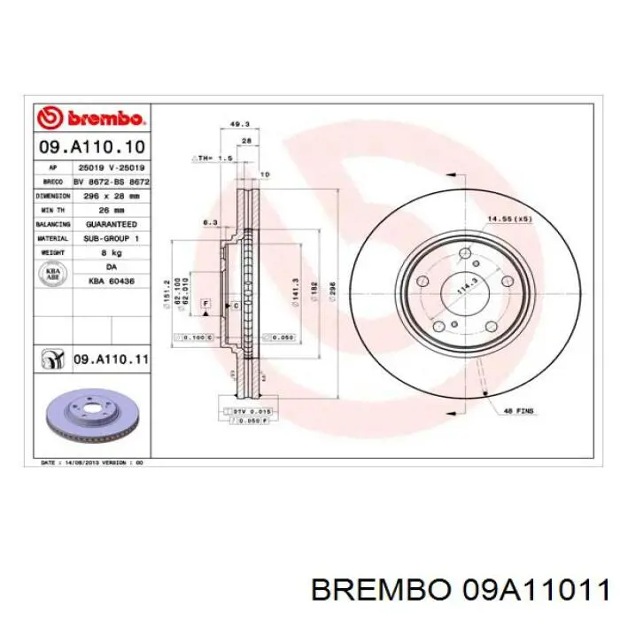 Freno de disco delantero 09A11011 Brembo