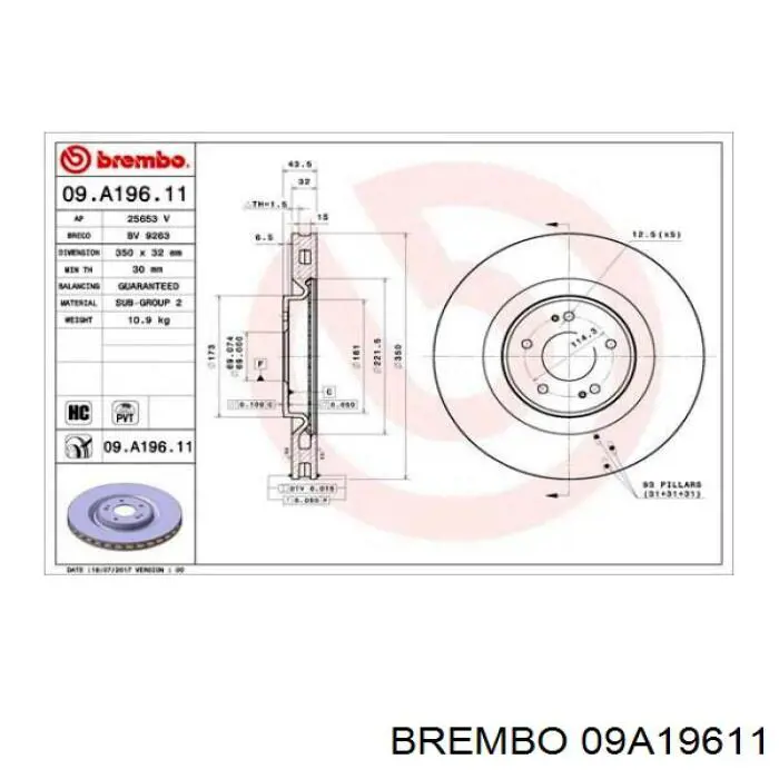 Передние тормозные диски 09A19611 Brembo