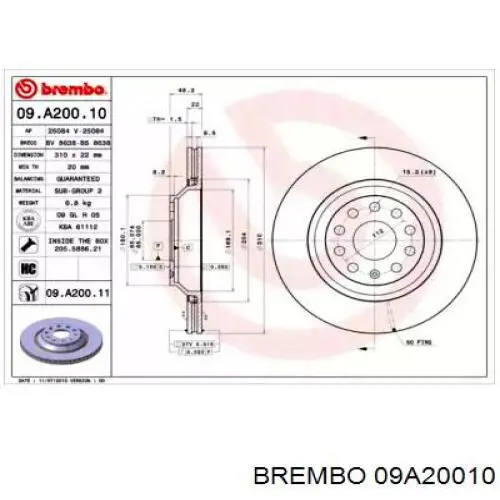 09A20010 Brembo тормозные диски